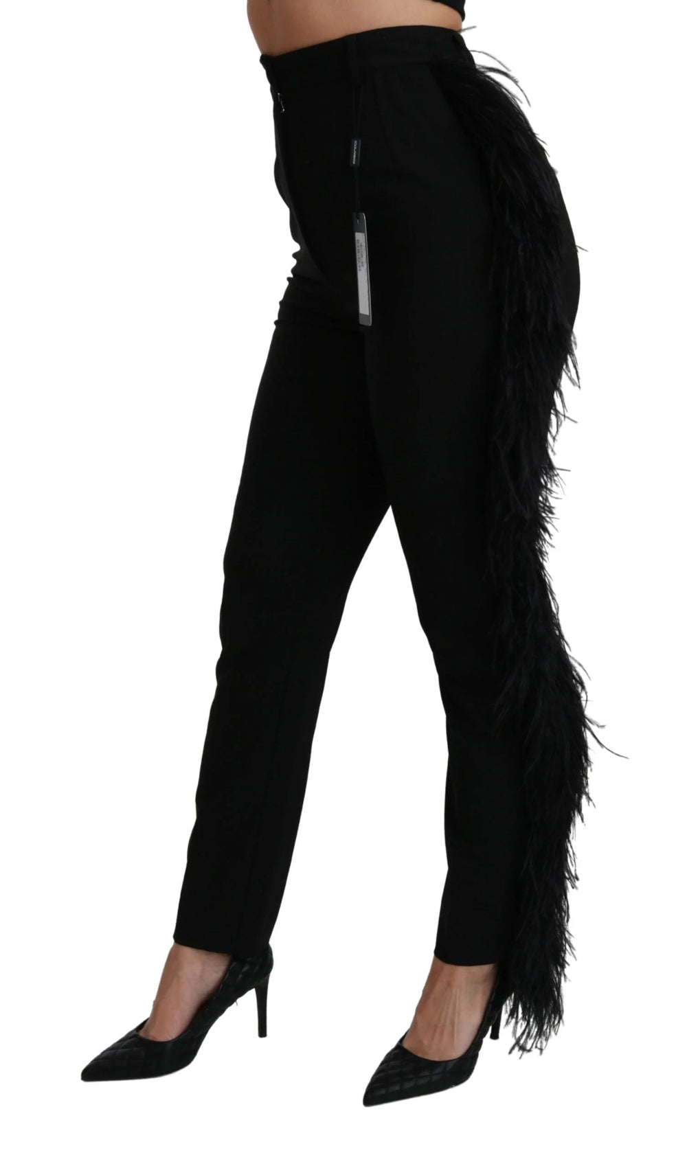Dolce & Gabbana Black Feather Straight High Waist Wool Pants - IT40|S - Trousers