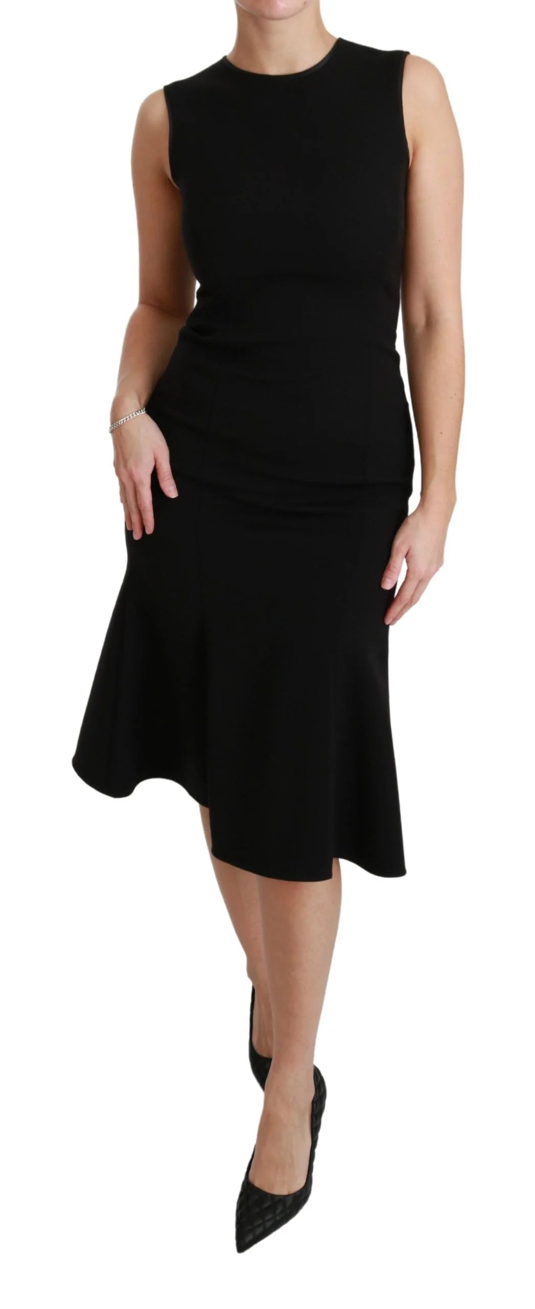 Dolce & Gabbana Black Fit Flare Wool Stretch Sheath Dress - Dresses