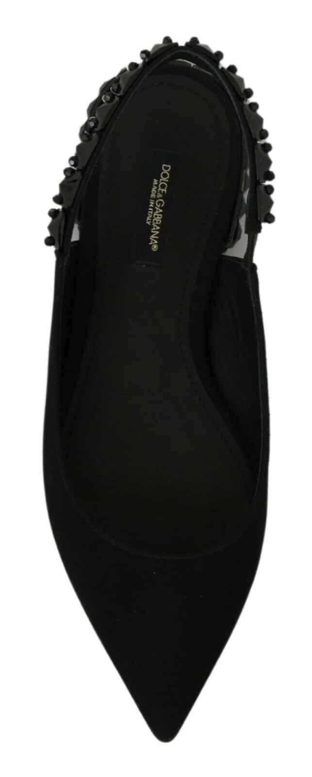 Vue de dessus des ballerines à bout pointu Dolce & Gabbana en soie charmeuse noire confectionnées en soie et viscose de première qualité.
