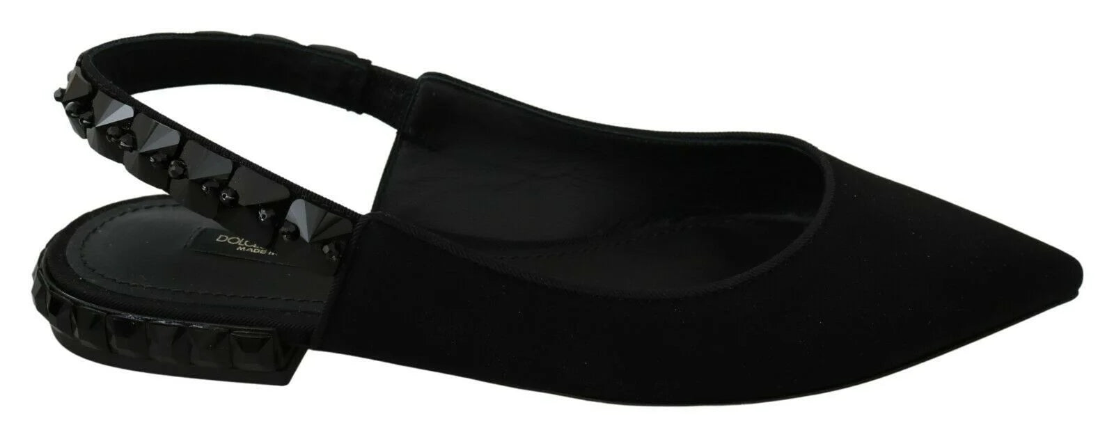 Ballerines à brides arrière noires Dolce & Gabbana en soie charmeuse avec bout pointu et profil bas élégant pour femmes.
