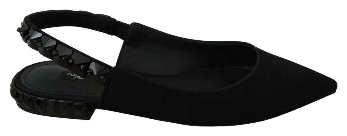 Ballerines à brides arrière noires Dolce & Gabbana en soie charmeuse avec bout pointu et profil bas élégant pour femmes.