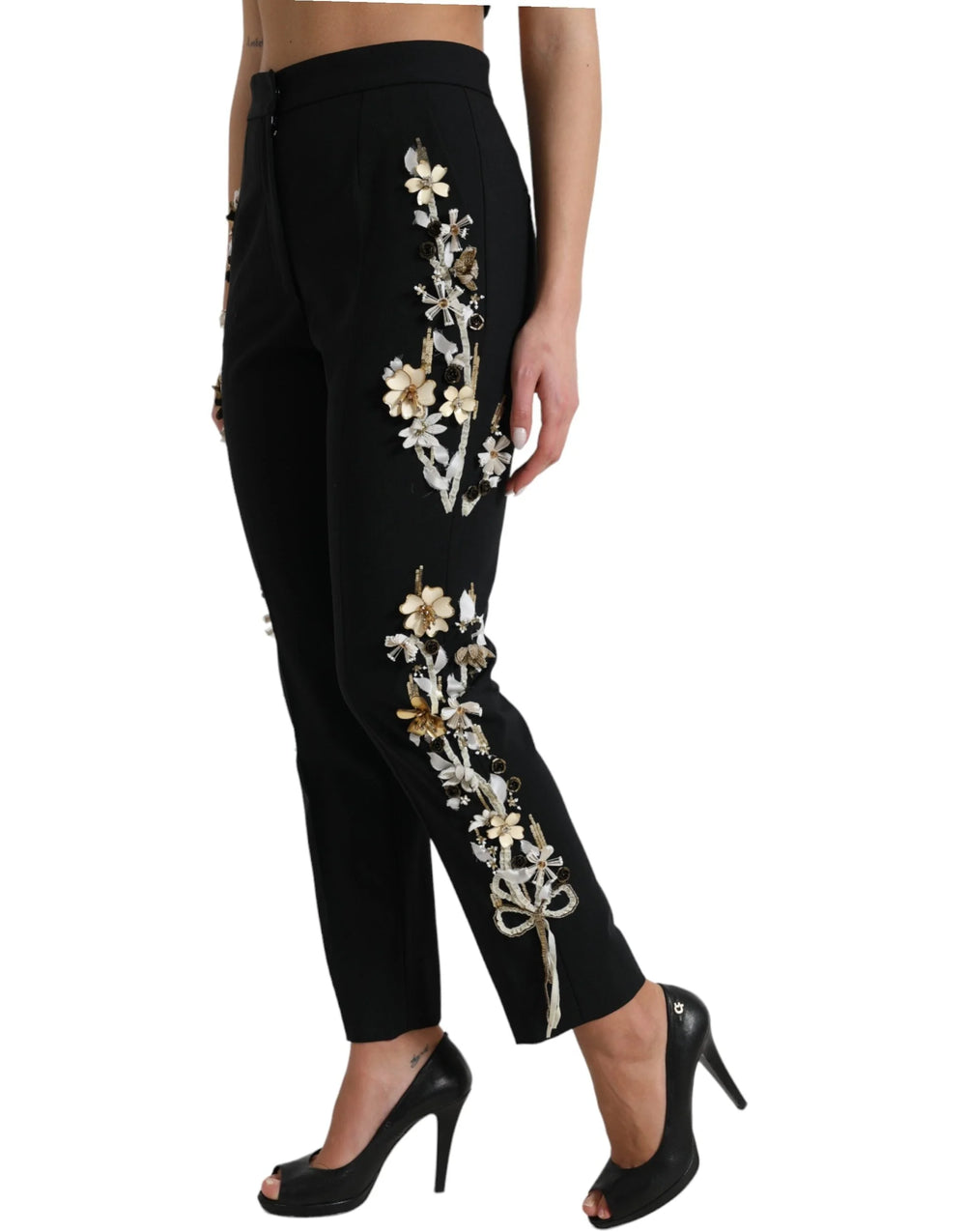 Dolce & Gabbana Black Floral Applique High Waist Tapered Pants - IT40|S - Trousers