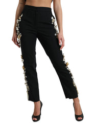 Dolce & Gabbana Black Floral Applique High Waist Tapered Pants - IT40|S - Trousers