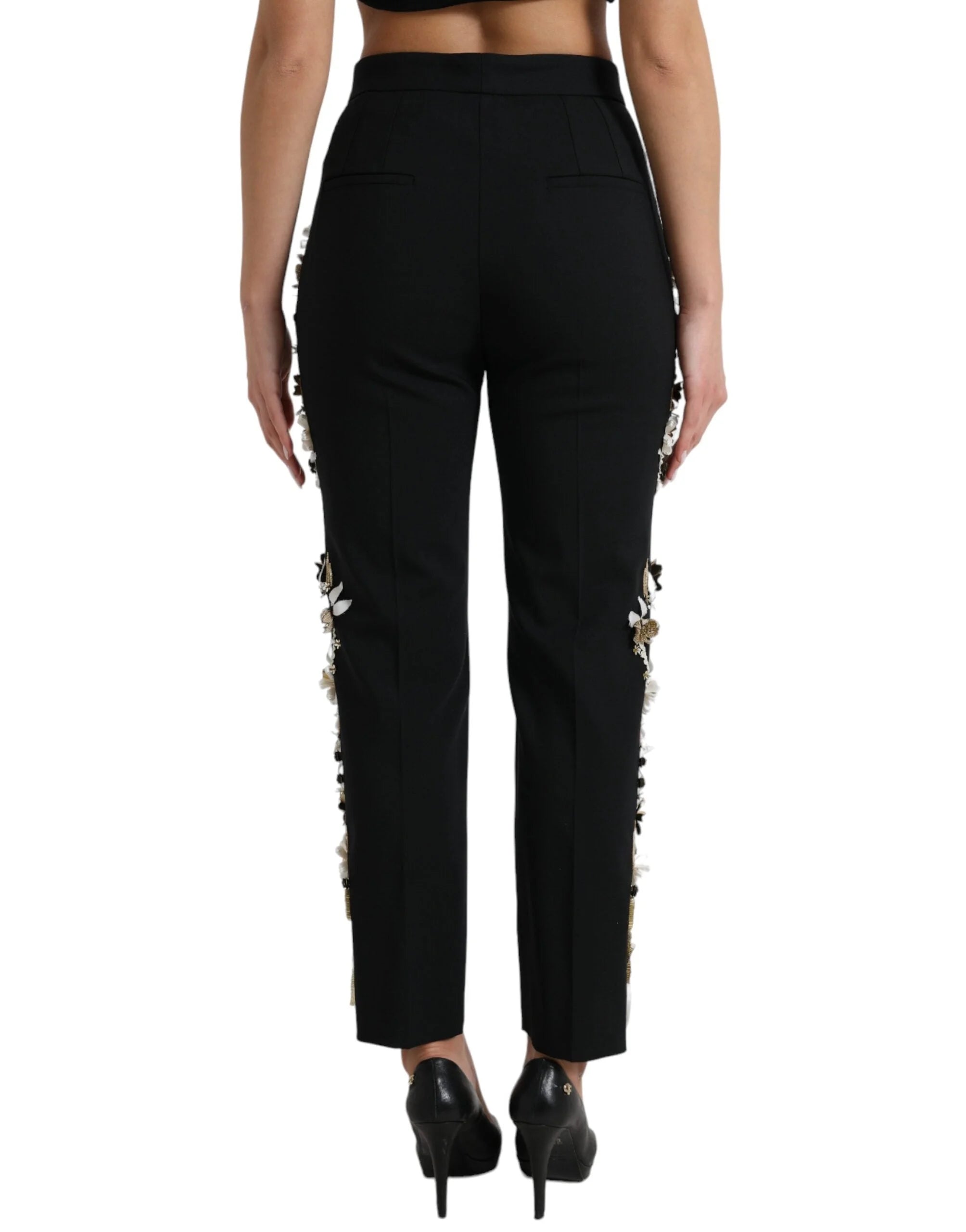 Dolce & Gabbana Black Floral Applique High Waist Tapered Pants - IT40|S - Trousers