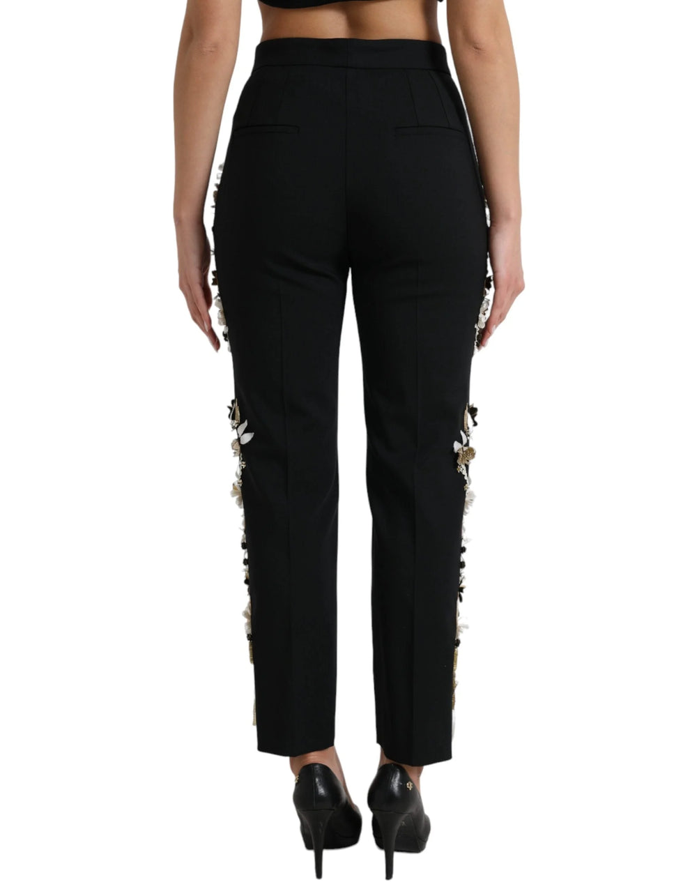 Dolce & Gabbana Black Floral Applique High Waist Tapered Pants - IT40|S - Trousers