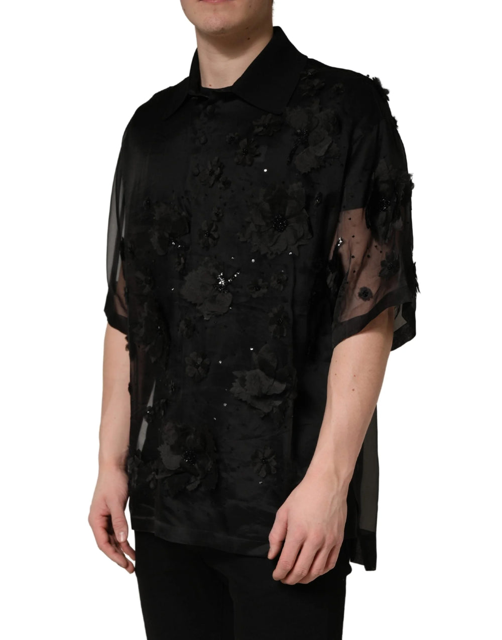 Dolce & Gabbana Black Floral Applique Sheer Short Sleeve Shirt - IT41 | L