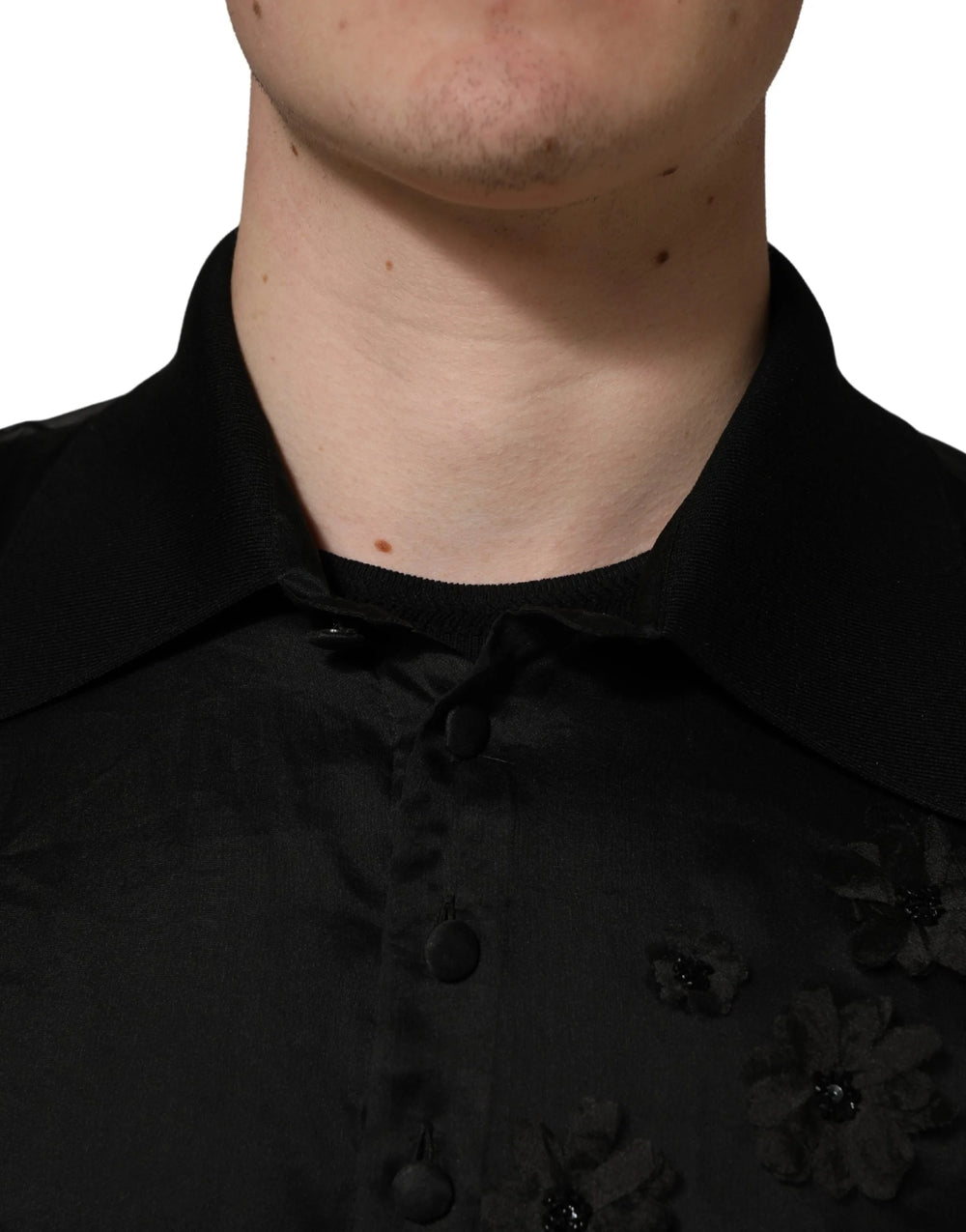 Dolce & Gabbana Black Floral Applique Sheer Short Sleeve Shirt - IT41 | L