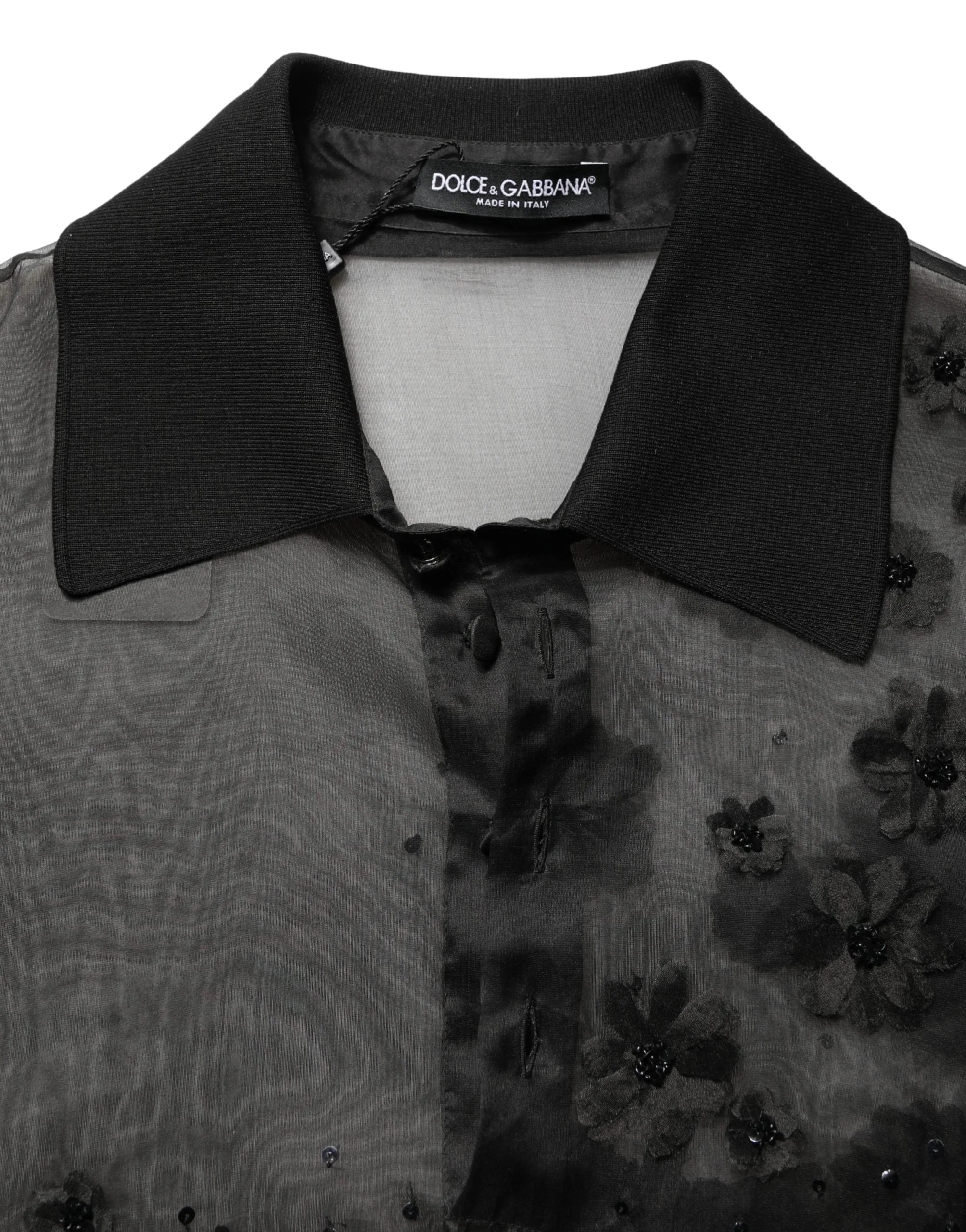 Dolce & Gabbana Black Floral Applique Sheer Short Sleeve Shirt - IT41 | L