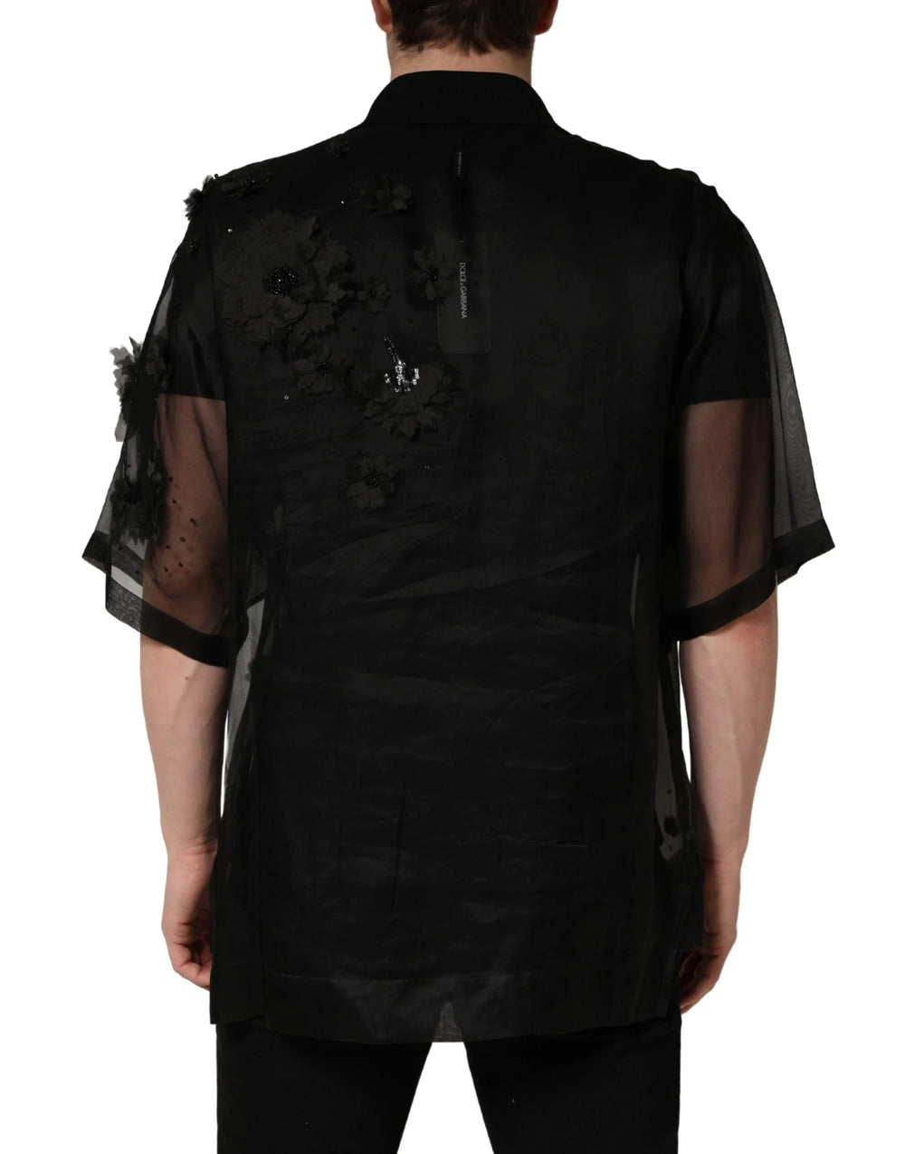Dolce & Gabbana Black Floral Applique Sheer Short Sleeve Shirt - IT41 | L