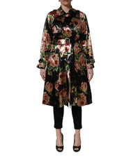 Dolce & Gabbana Black Floral Belted Polyester Trench Coat Jacket - IT36|XXS