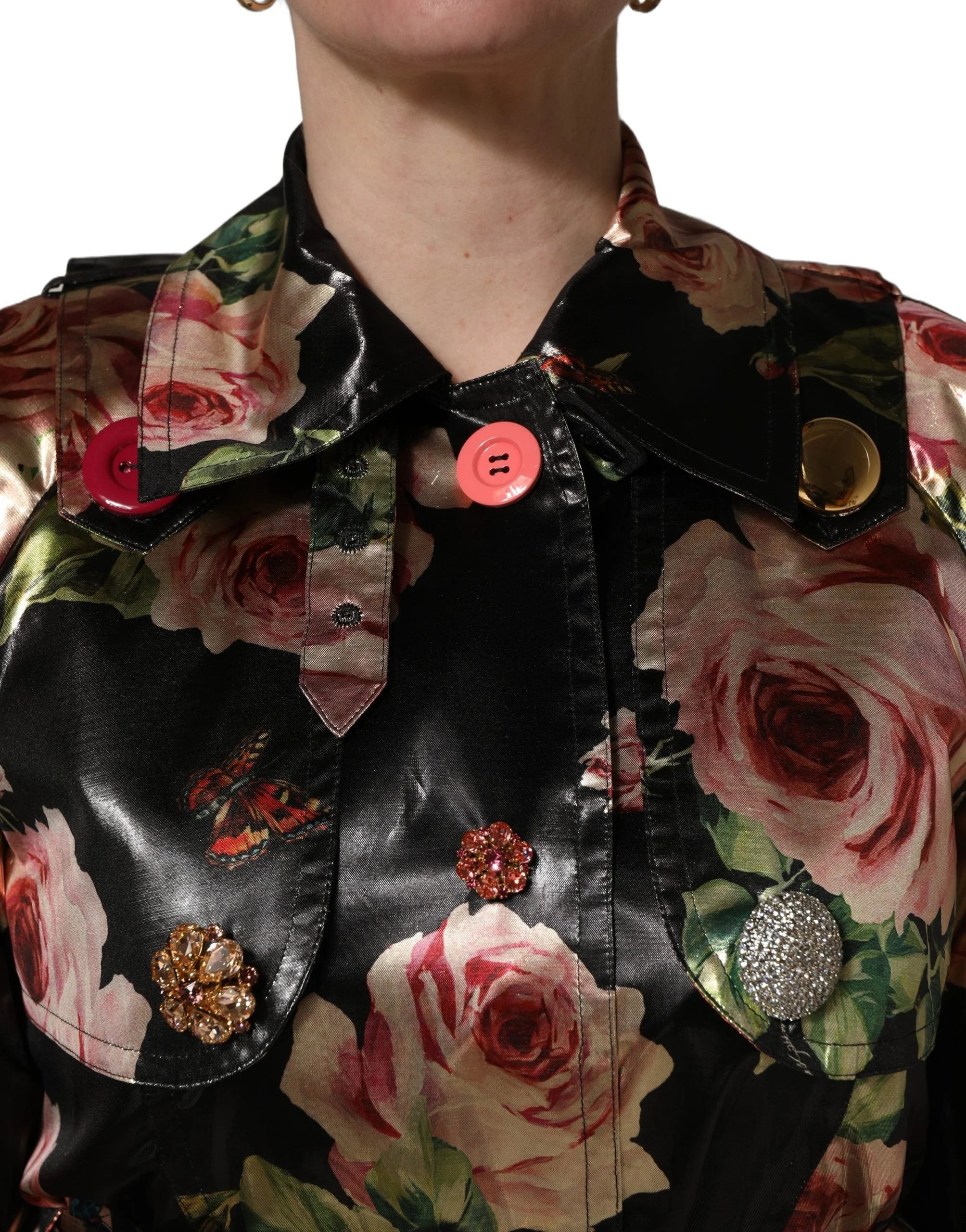 Dolce & Gabbana Black Floral Belted Polyester Trench Coat Jacket - IT36|XXS
