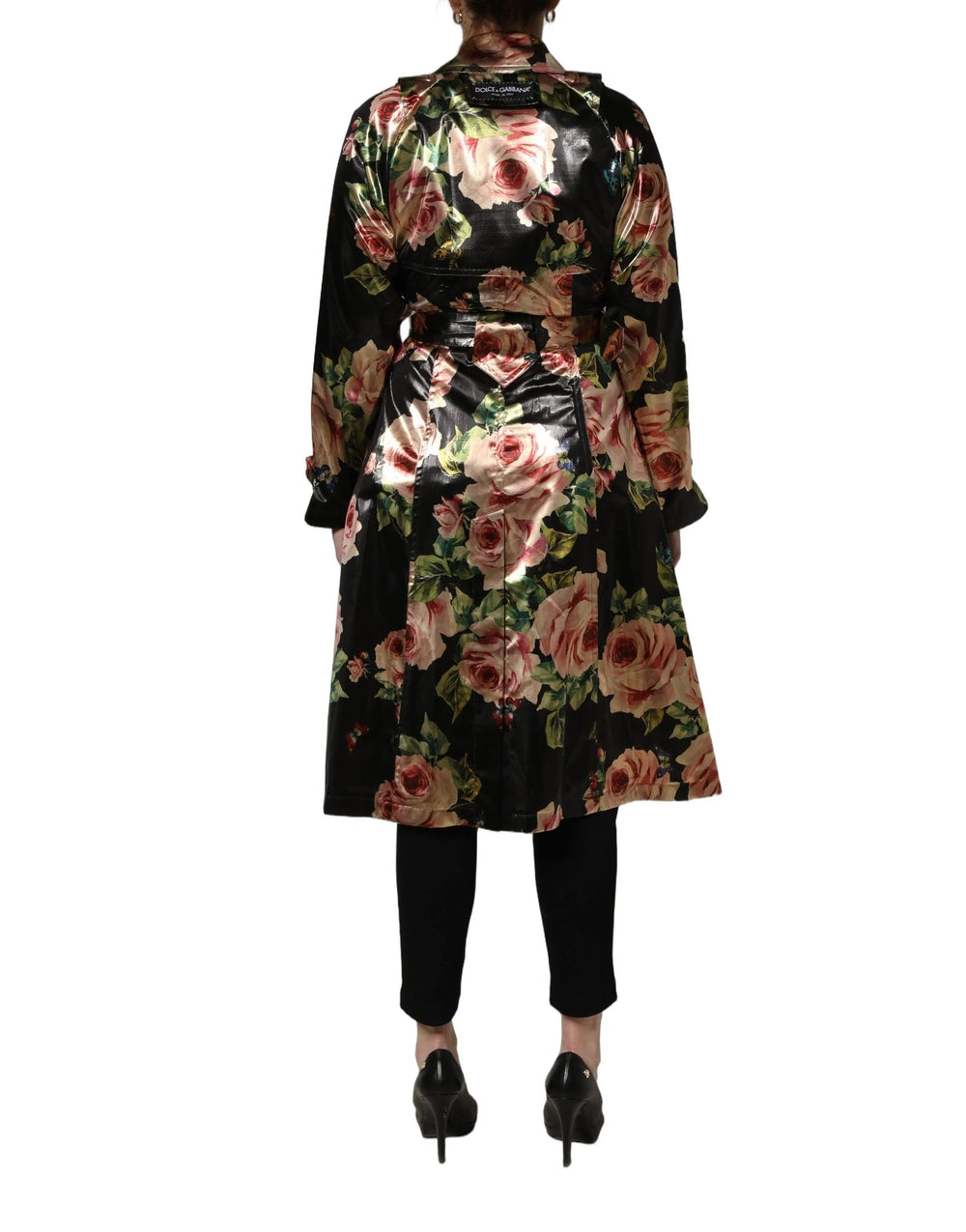 Dolce & Gabbana Black Floral Belted Polyester Trench Coat Jacket - IT36|XXS