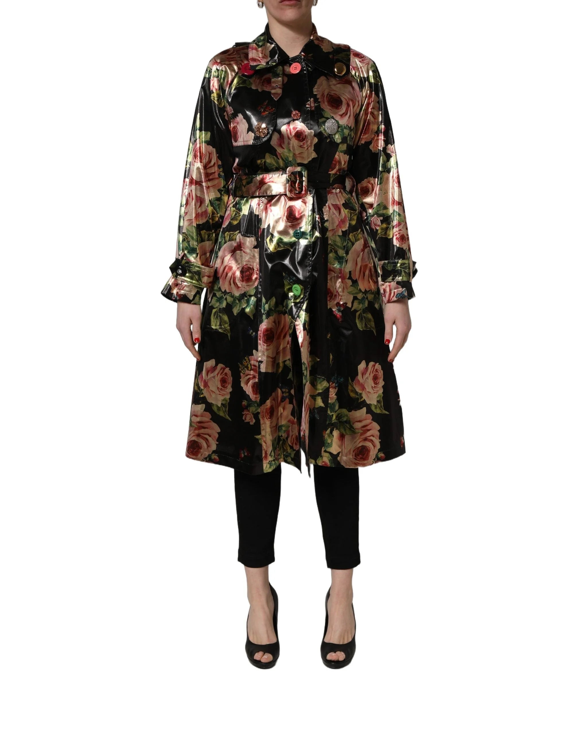 Dolce & Gabbana Black Floral Belted Polyester Trench Coat Jacket - IT36|XXS