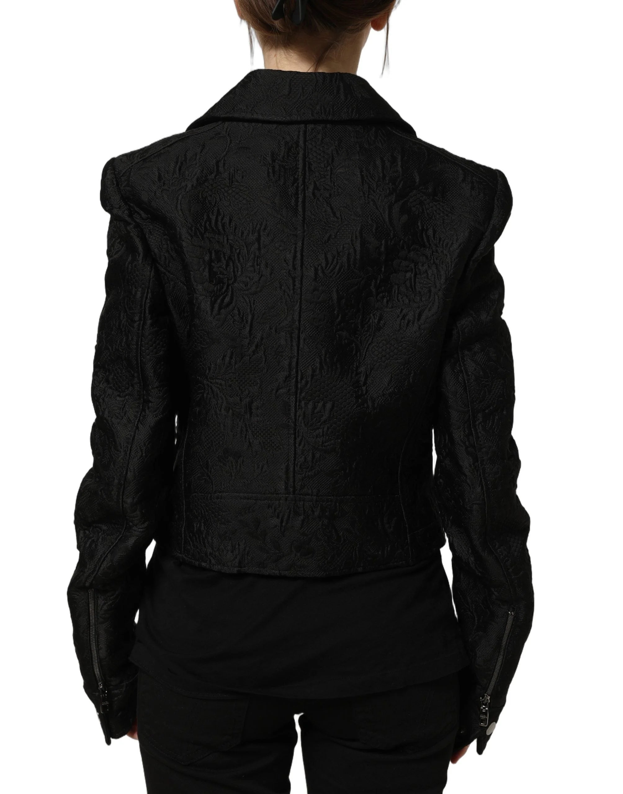 Dolce & Gabbana Black Floral Brocade Biker Blouson Jacket - IT40|S