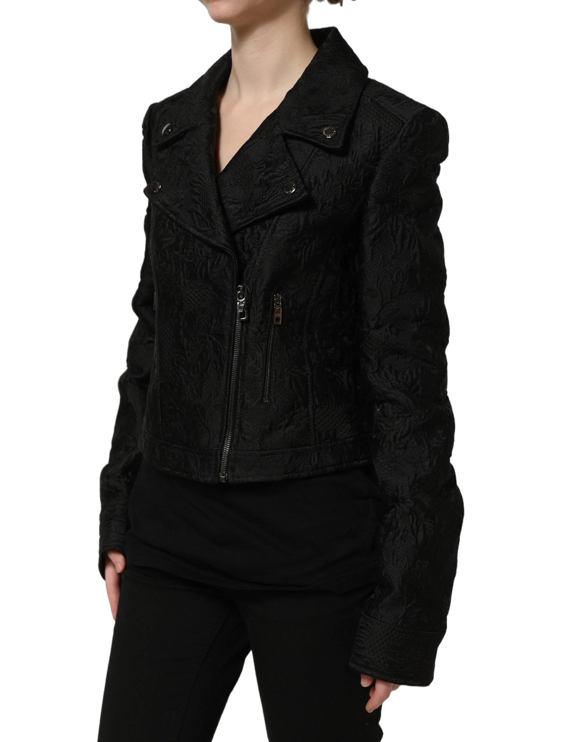 Dolce & Gabbana Black Floral Brocade Biker Blouson Jacket - IT40|S