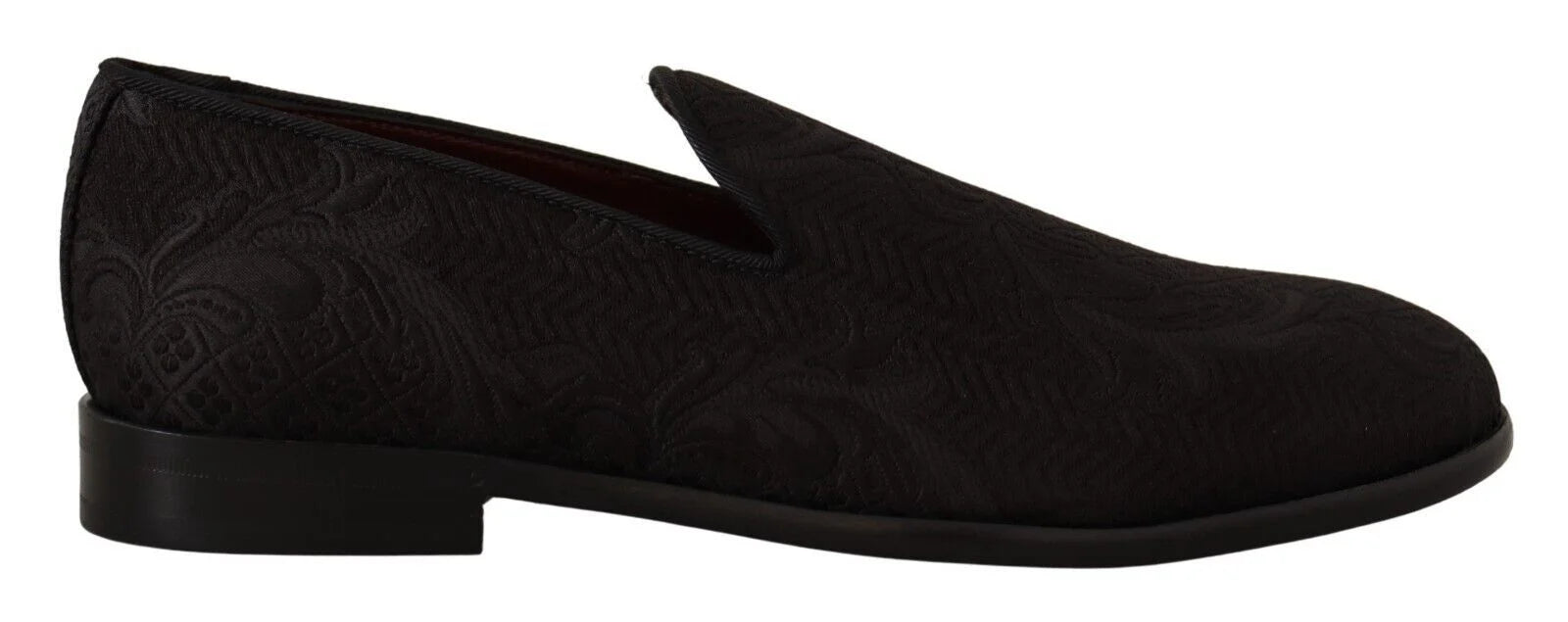 Dolce & Gabbana men's black floral brocade slippers, a refined evening loafer with intricate silk-blend embroidery.