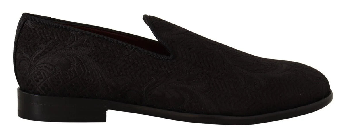 Dolce & Gabbana men's black floral brocade slippers, a refined evening loafer with intricate silk-blend embroidery.