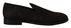 Dolce & Gabbana men's black floral brocade slippers, a refined evening loafer with intricate silk-blend embroidery.
