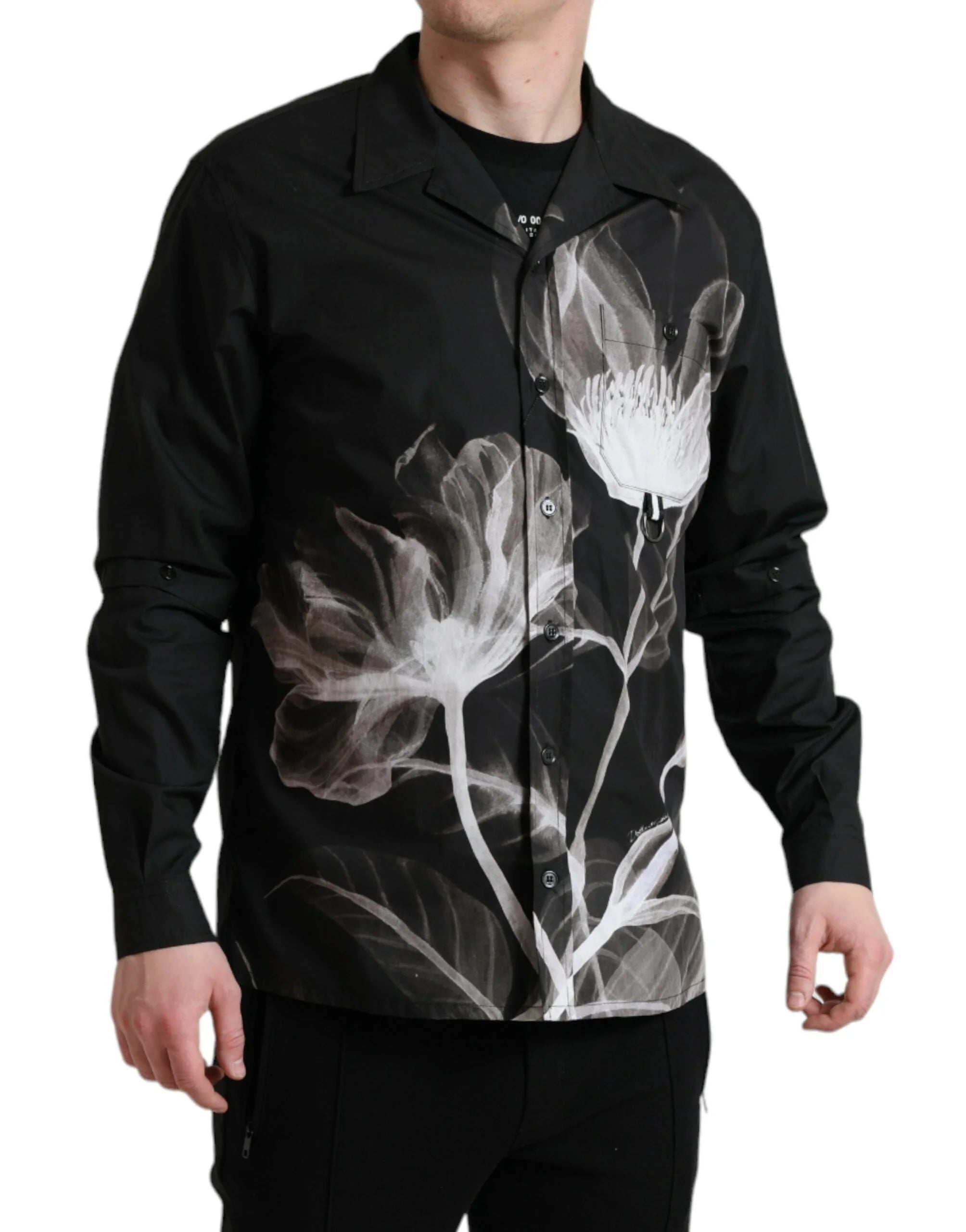 Dolce & Gabbana Black Floral Cotton Collared Long Sleeves Men Shirt - IT40 | M - Shirts