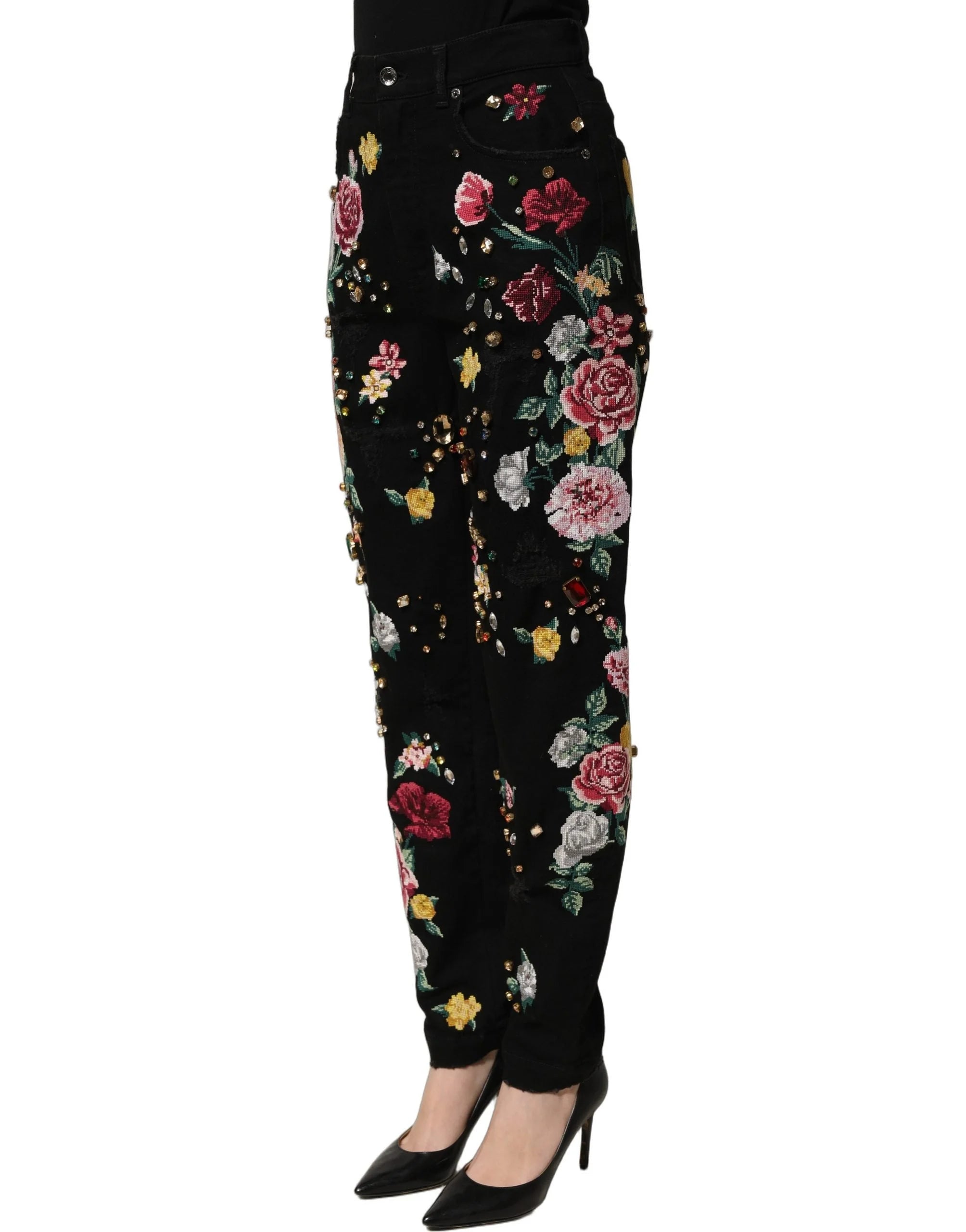 Dolce & Gabbana Black Floral Cotton High Waist Tapered Pants - IT40|S