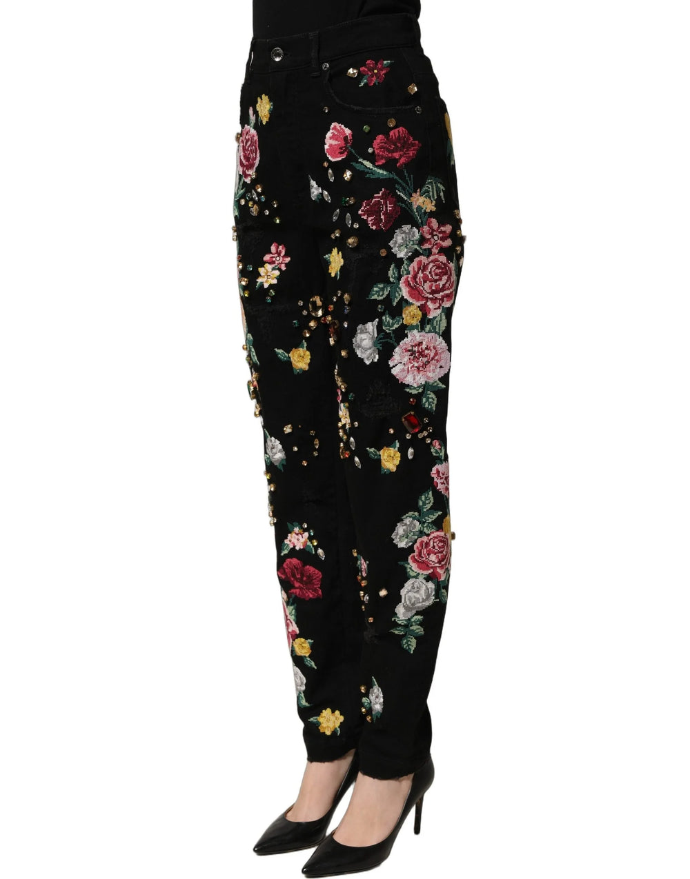 Dolce & Gabbana Black Floral Cotton High Waist Tapered Pants - IT40|S