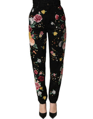 Dolce & Gabbana Black Floral Cotton High Waist Tapered Pants - IT40|S