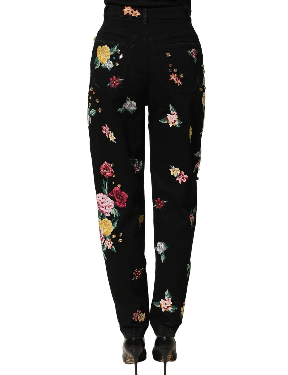 Dolce & Gabbana Black Floral Cotton High Waist Tapered Pants - IT40|S
