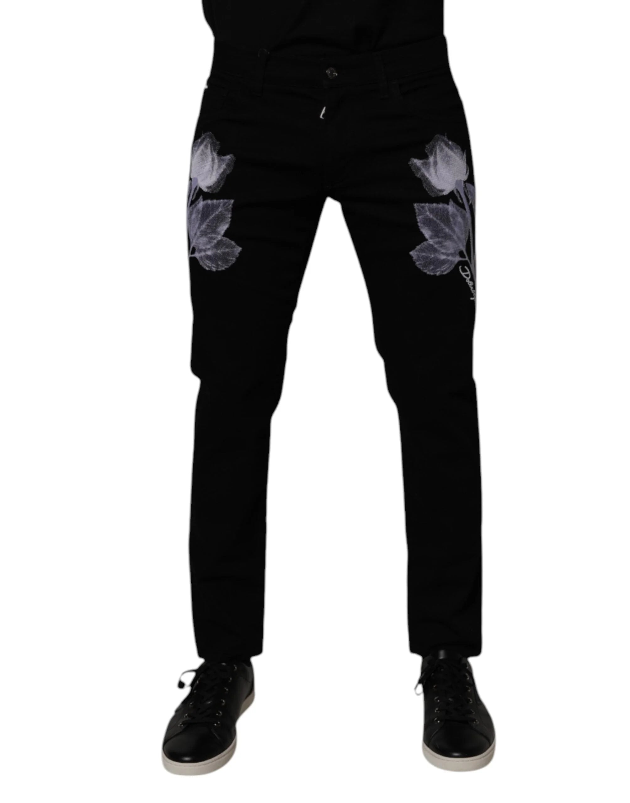 Dolce & Gabbana Black Floral Cotton Skinny Men Denim Jeans - IT48 | M