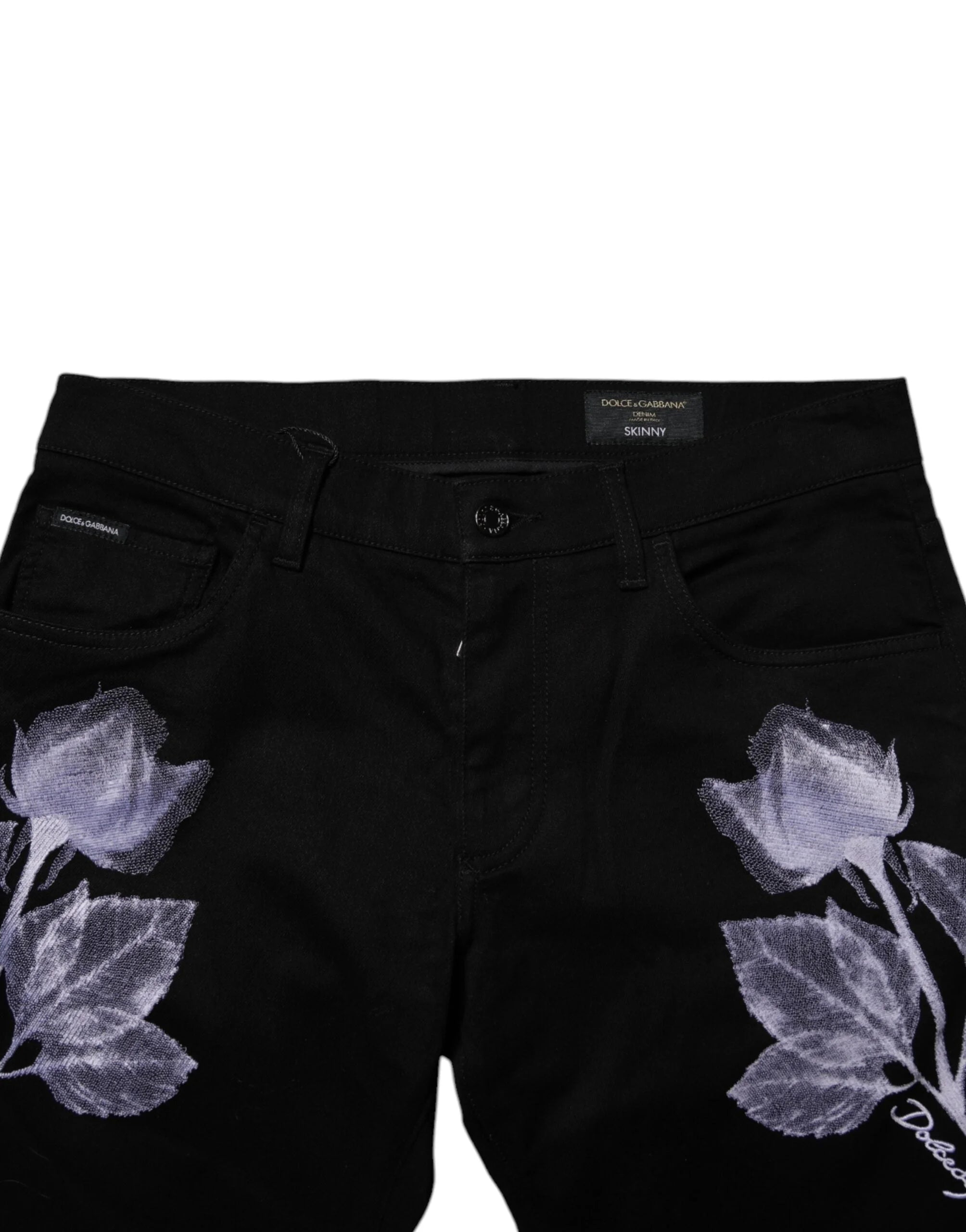 Dolce & Gabbana Black Floral Cotton Skinny Men Denim Jeans - IT48 | M