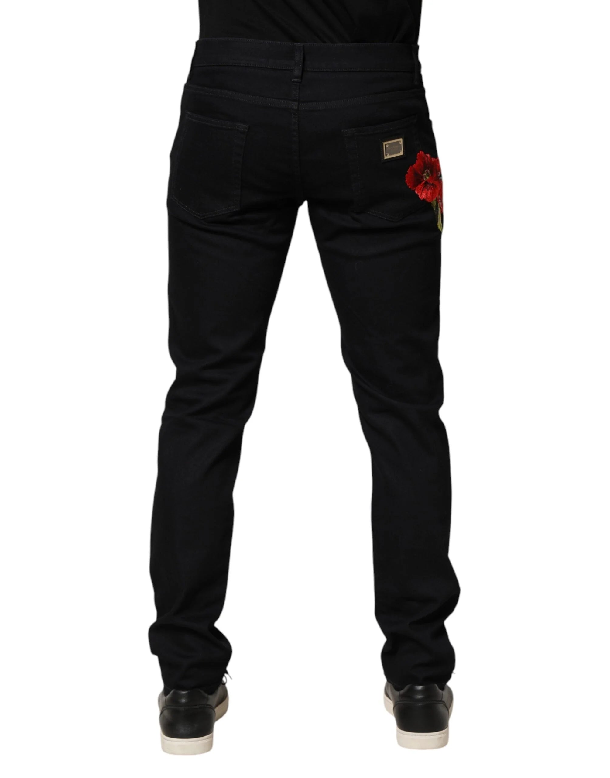 Dolce & Gabbana Black Floral Cotton Skinny Men Denim Jeans - IT50 | L