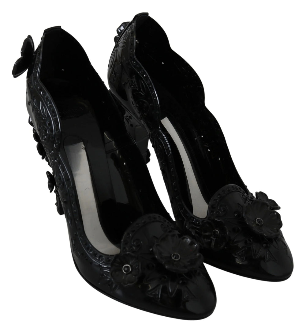 Dolce & Gabbana Black Floral Crystal CINDERELLA Heels Shoes - EU39/US8.5
