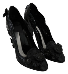 Dolce & Gabbana Black Floral Crystal CINDERELLA Heels Shoes - EU39/US8.5