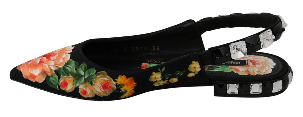 Dolce & Gabbana Black Floral Crystal Slingbacks Flats Shoes - Flats