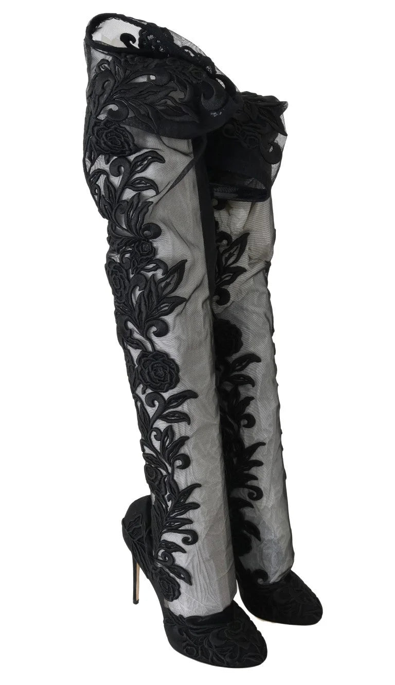 Dolce & Gabbana Black Floral Embroidered Socks Boots - EU39/US8.5 - Boots