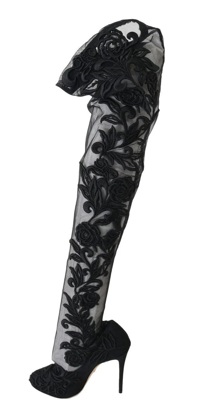 Dolce & Gabbana Black Floral Embroidered Socks Boots - EU39/US8.5 - Boots