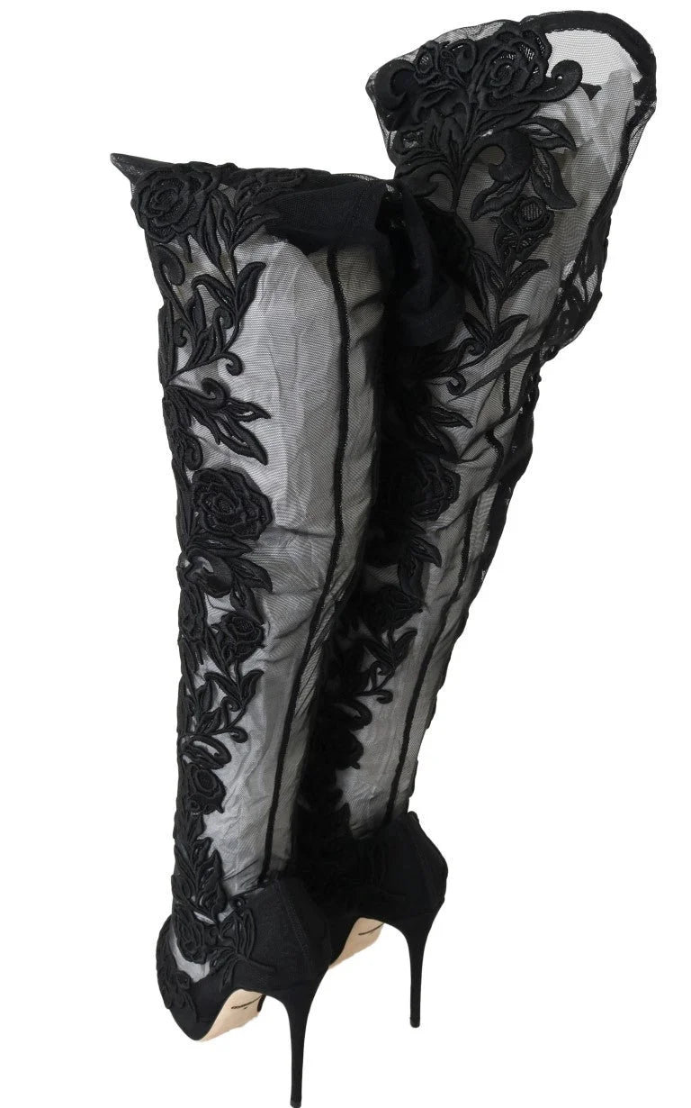 Dolce & Gabbana Black Floral Embroidered Socks Boots - EU39/US8.5 - Boots