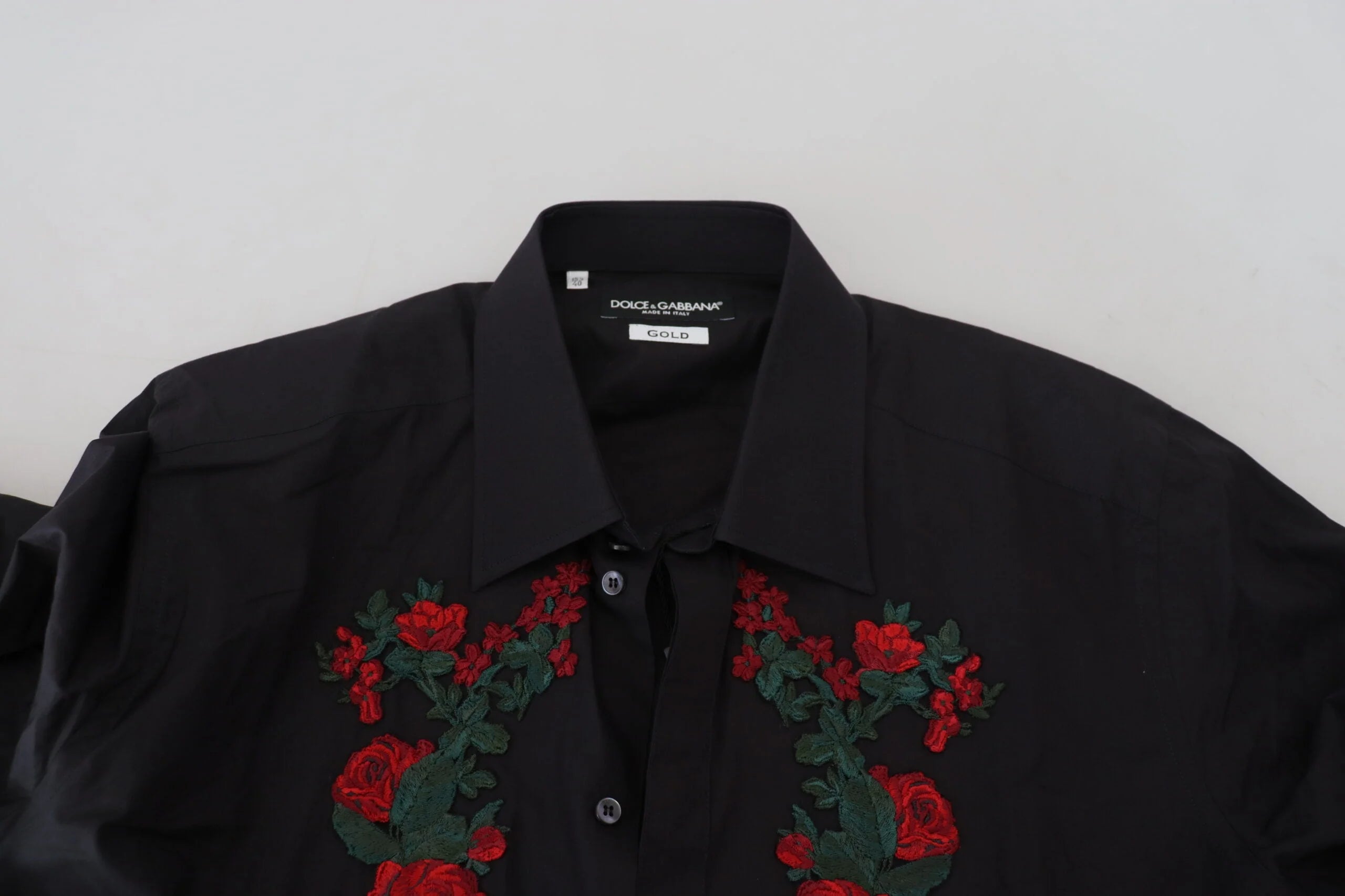 Dolce & Gabbana Black Floral Embroidery Men Long Sleeves GOLD Shirt - Shirts