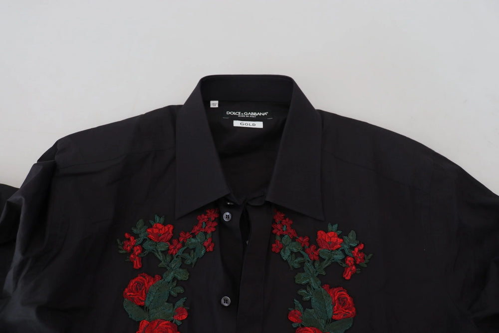 Dolce & Gabbana Black Floral Embroidery Men Long Sleeves GOLD Shirt - Shirts
