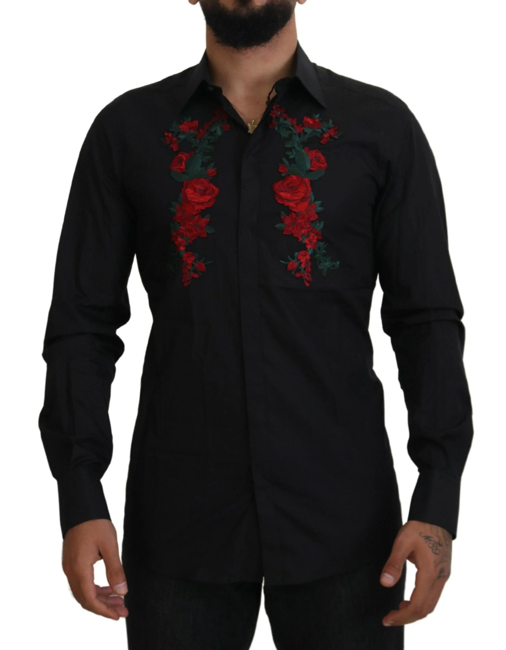 Dolce & Gabbana Black Floral Embroidery Men Long Sleeves GOLD Shirt - Shirts