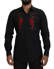 Dolce & Gabbana Black Floral Embroidery Men Long Sleeves GOLD Shirt - Shirts