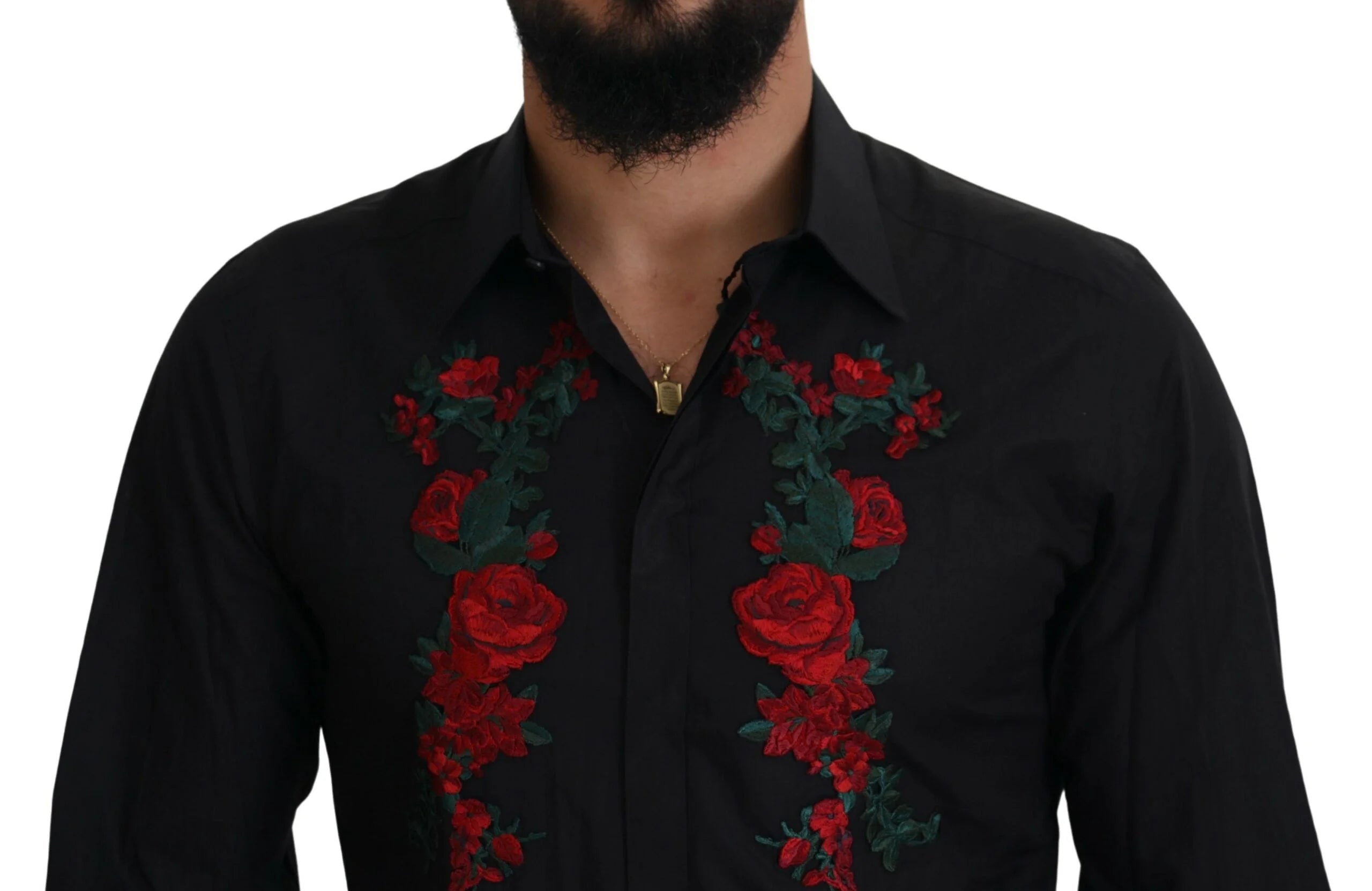 Dolce & Gabbana Black Floral Embroidery Men Long Sleeves GOLD Shirt - Shirts