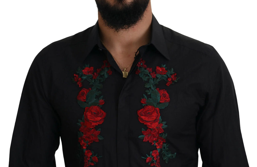 Dolce & Gabbana Black Floral Embroidery Men Long Sleeves GOLD Shirt - Shirts