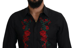 Dolce & Gabbana Black Floral Embroidery Men Long Sleeves GOLD Shirt - Shirts