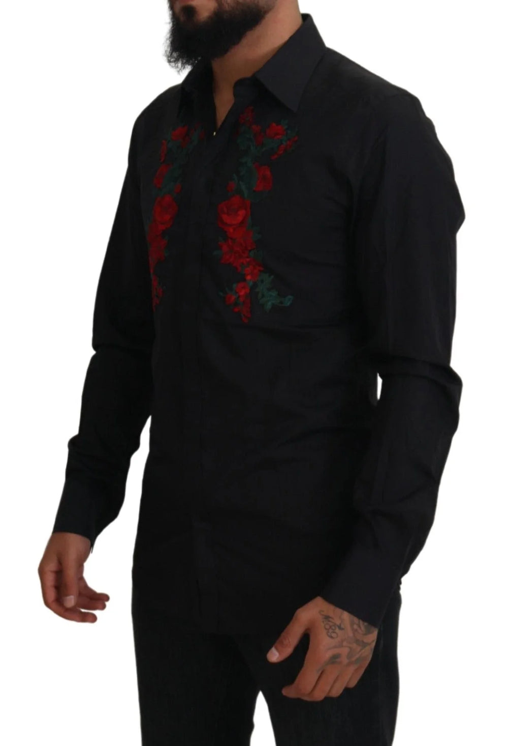 Dolce & Gabbana Black Floral Embroidery Men Long Sleeves GOLD Shirt - Shirts