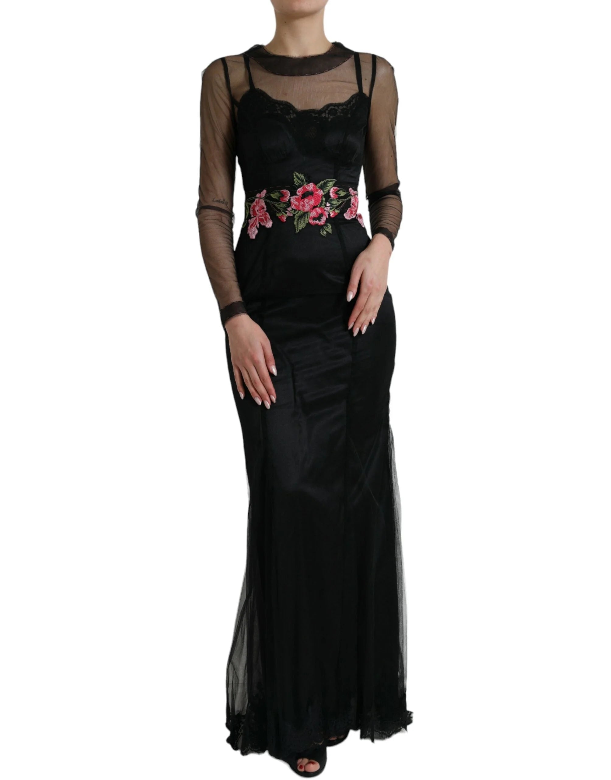 Dolce & Gabbana Black Floral Embroidery Mesh Tulle Gown Dress - IT40|S - Dresses