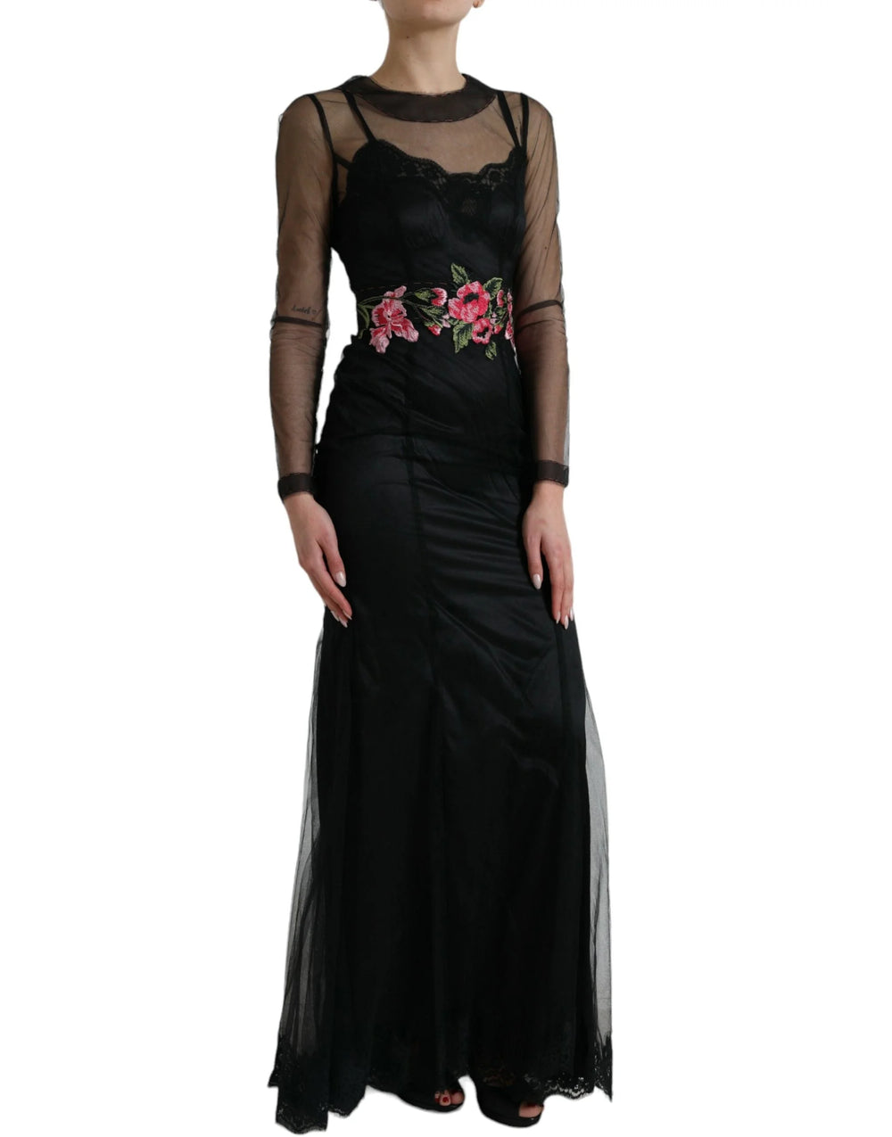 Dolce & Gabbana Black Floral Embroidery Mesh Tulle Gown Dress - IT40|S - Dresses