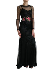 Dolce & Gabbana Black Floral Embroidery Mesh Tulle Gown Dress - IT40|S - Dresses