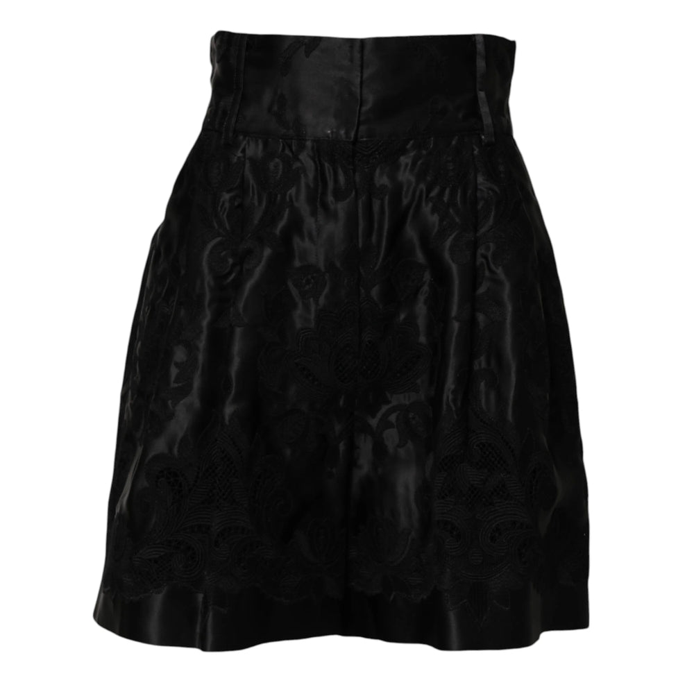 Dolce & Gabbana Black Floral Embroidery Silk High Waist Shorts - IT40|S - Short Trousers