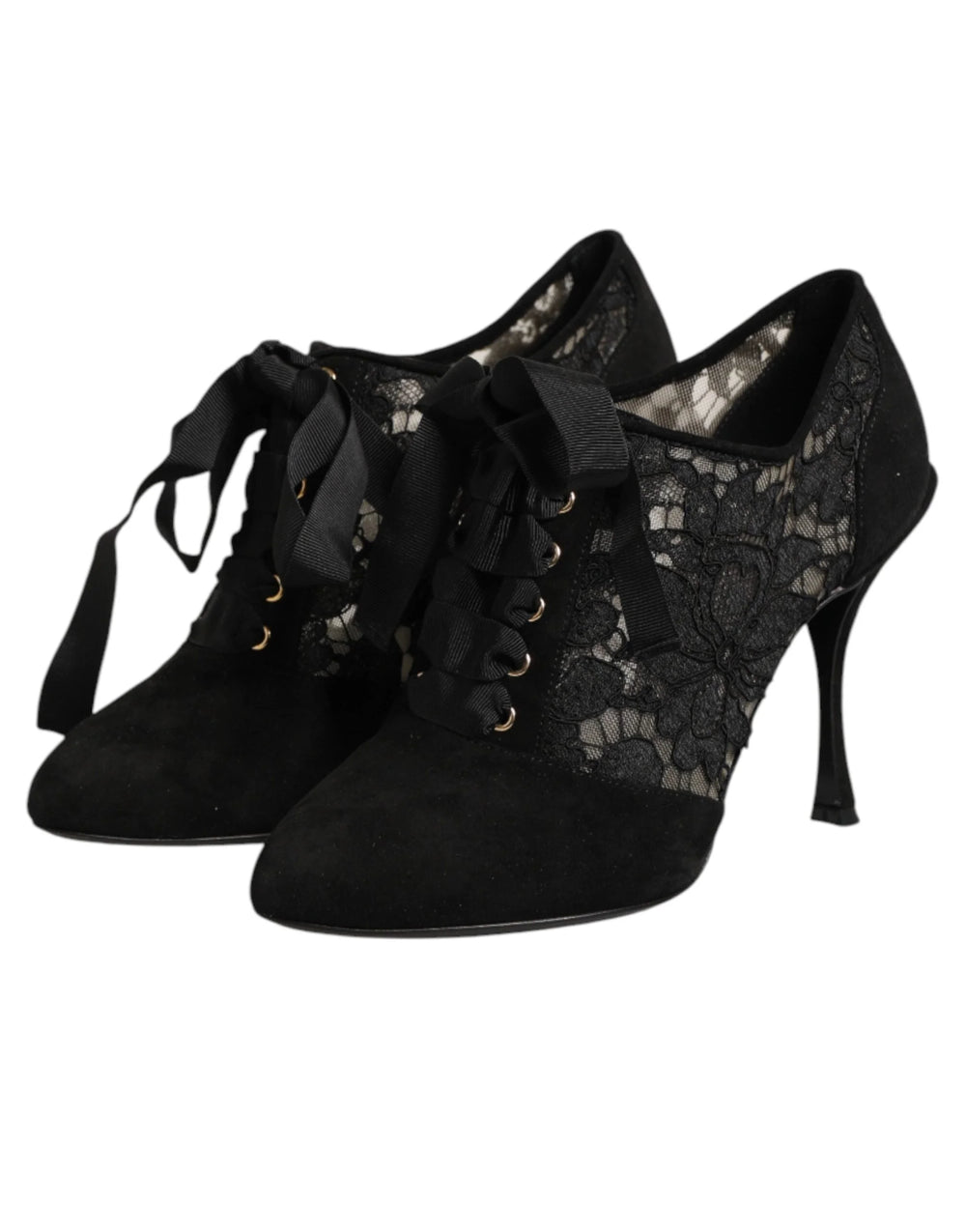 Dolce & Gabbana Black Floral High Heels LACE-UPS Pumps Shoes - EU37.5/US7