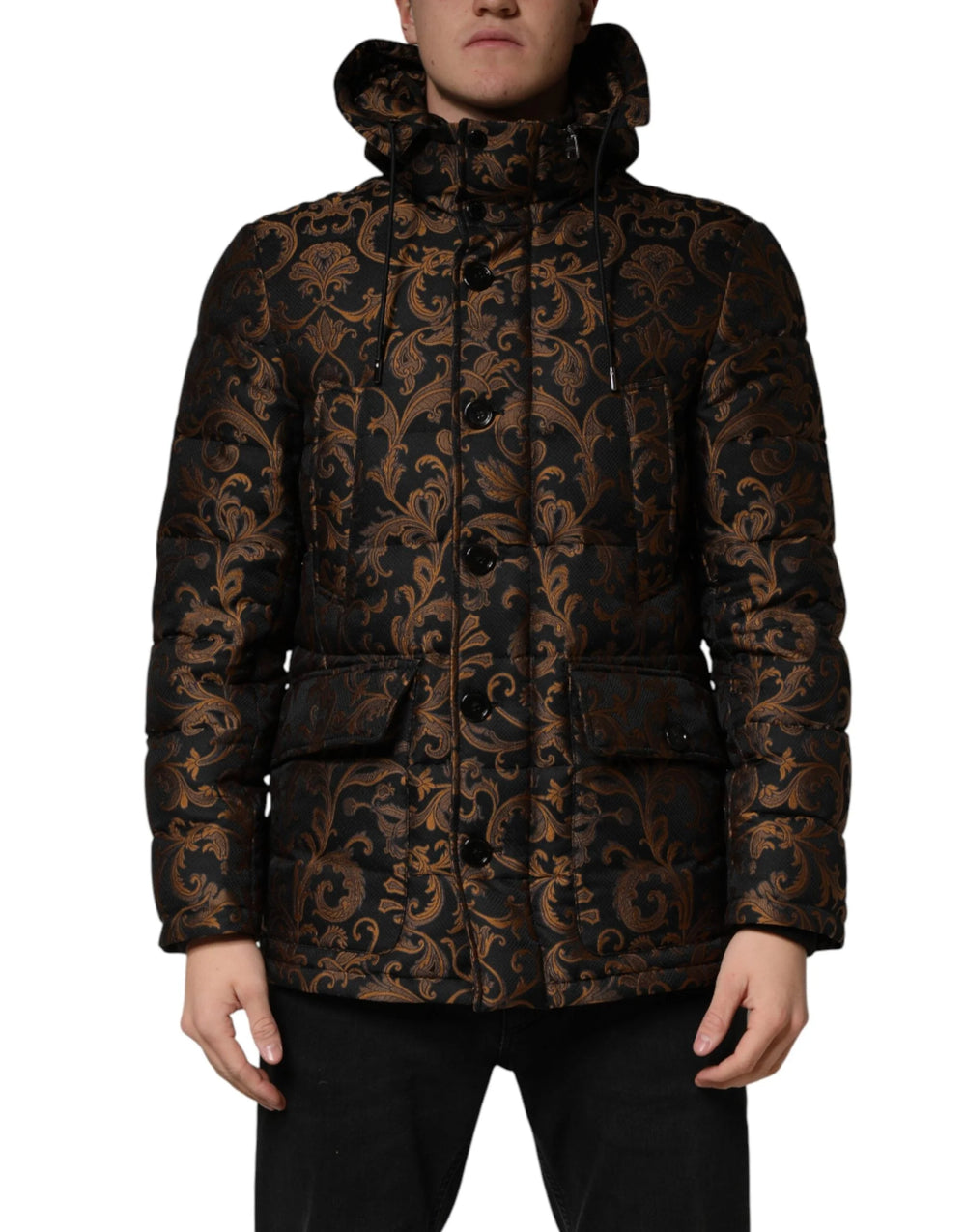 Dolce & Gabbana Black Floral Jacquard Quilted Hooded Jacket
